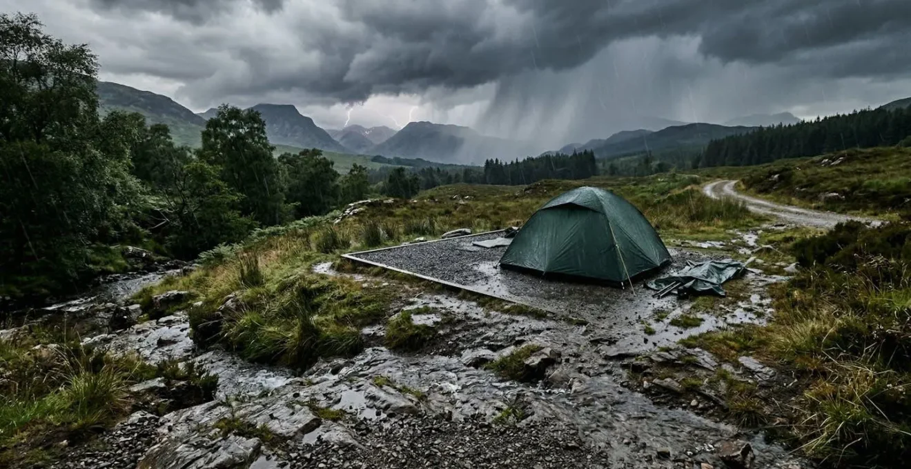 Piazzola da campeggio con sistema di drenaggio durante un temporale estivo