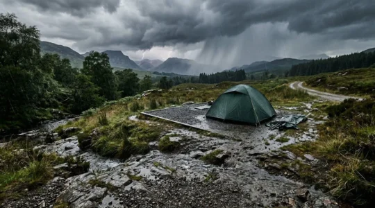 Piazzola da campeggio con sistema di drenaggio durante un temporale estivo