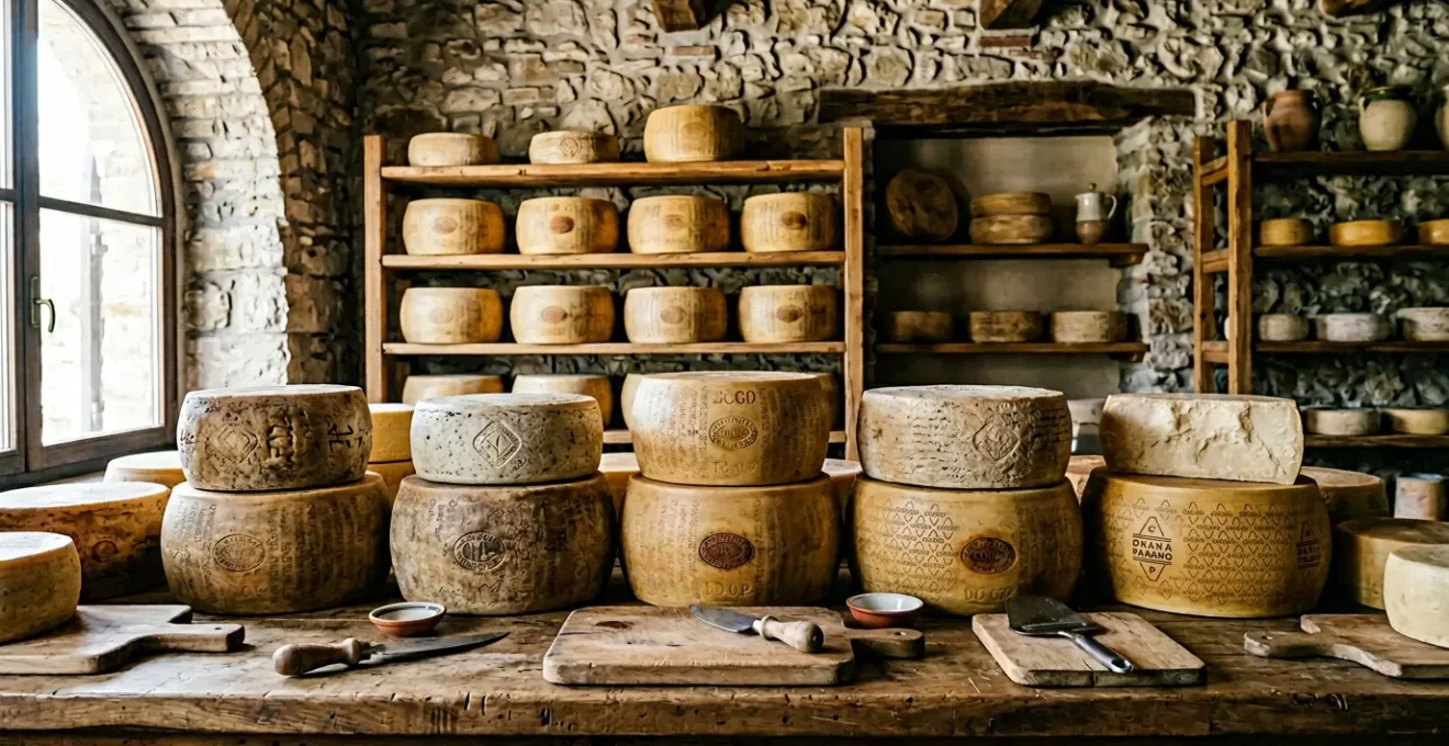 Selezione di formaggi artigianali DOP italiani con marchi di origine sul banco di un caseificio tradizionale