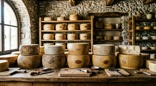Selezione di formaggi artigianali DOP italiani con marchi di origine sul banco di un caseificio tradizionale