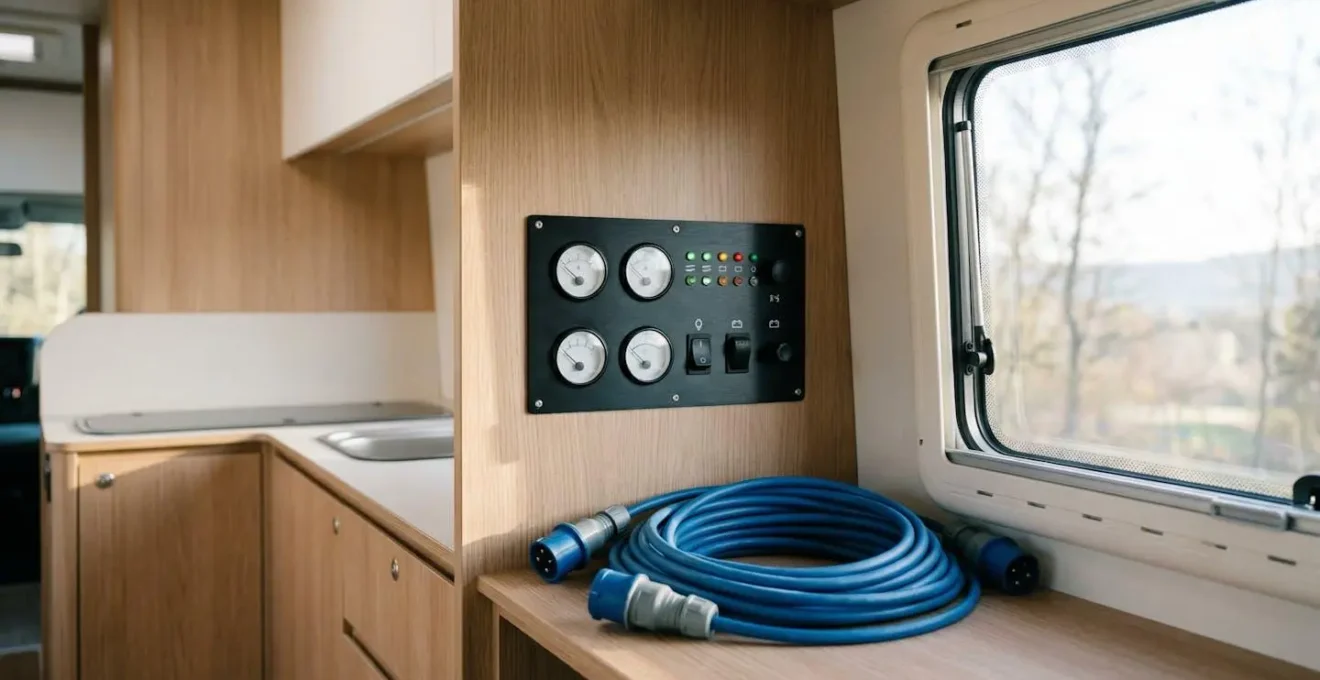 Centralina elettrica del camper con display digitale e cavi CEE blu in campeggio