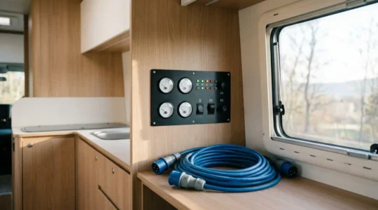 Centralina elettrica del camper con display digitale e cavi CEE blu in campeggio