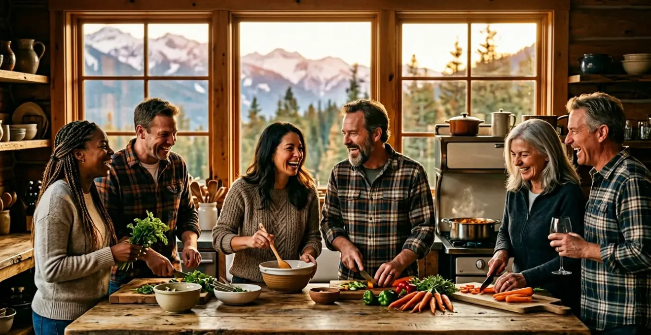 Gruppo di amici che ridono insieme nella cucina di un lodge in montagna