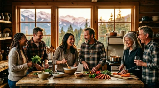 Gruppo di amici che ridono insieme nella cucina di un lodge in montagna