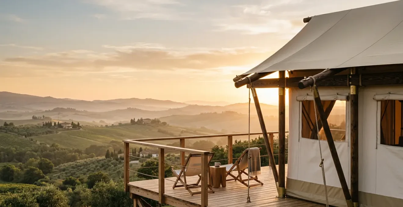 Tenda glamping di lusso con vista panoramica sulla natura al tramonto