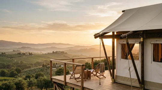 Tenda glamping di lusso con vista panoramica sulla natura al tramonto