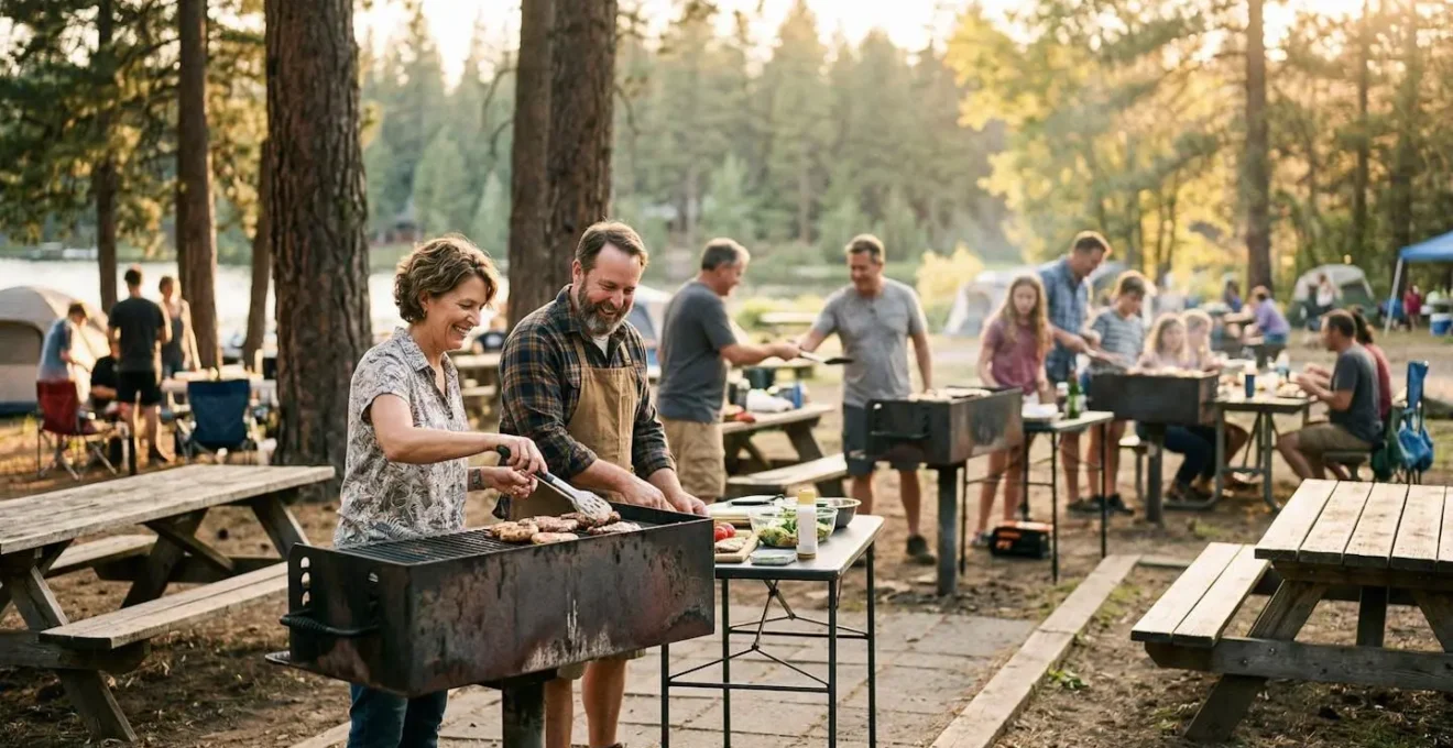 Atmosfera conviviale di una grigliata in area comune del campeggio con famiglie che cucinano insieme