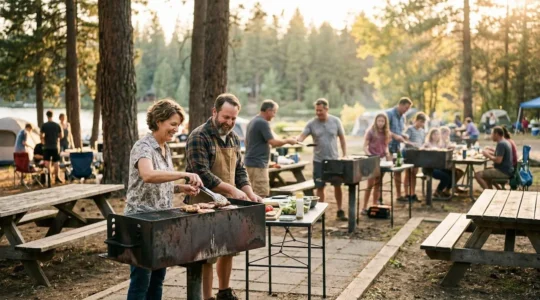Atmosfera conviviale di una grigliata in area comune del campeggio con famiglie che cucinano insieme