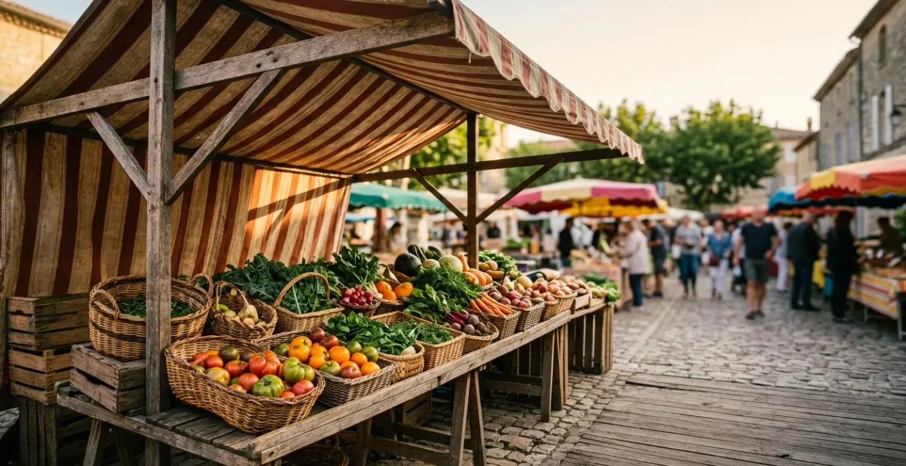 Banco colorato di un mercato agricolo con verdure fresche e ceste di vimini sotto tendone ombreggiato