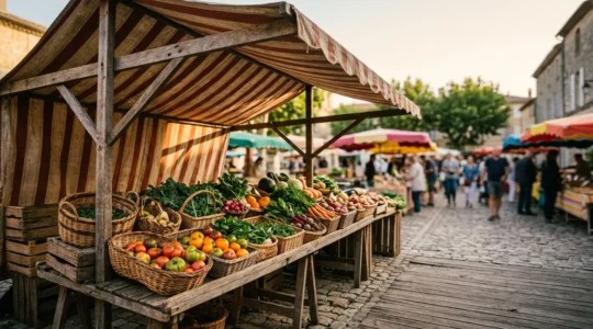 Banco colorato di un mercato agricolo con verdure fresche e ceste di vimini sotto tendone ombreggiato