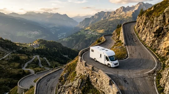 Motorhome oltre 7 metri su strada stretta di montagna con tornanti in Italia