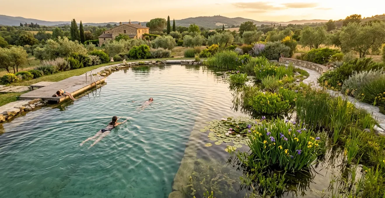 Persone che nuotano in un biolago con piante acquatiche e acqua cristallina