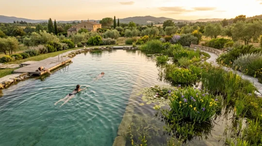 Persone che nuotano in un biolago con piante acquatiche e acqua cristallina