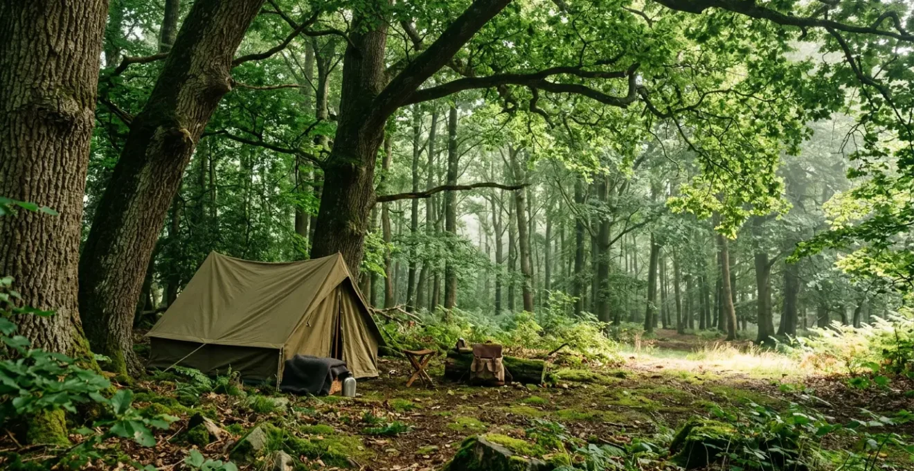 Vista ampia di una tenda da campeggio installata sotto grandi alberi frondosi con ombra naturale e luce filtrata dalle foglie