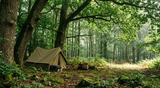 Vista ampia di una tenda da campeggio installata sotto grandi alberi frondosi con ombra naturale e luce filtrata dalle foglie
