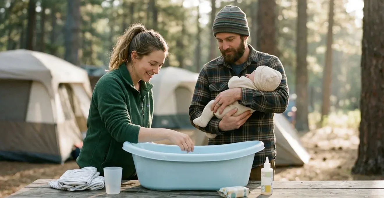 Famiglia giovane che prepara il bagnetto al neonato in campeggio con vaschetta portatile
