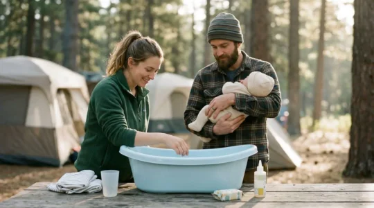 Famiglia giovane che prepara il bagnetto al neonato in campeggio con vaschetta portatile
