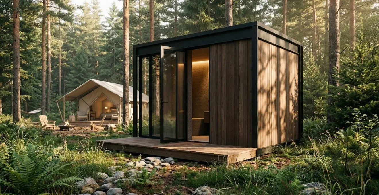 Moderno bagno privato elegante in piazzola campeggio con vista natura