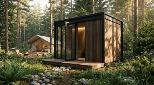 Moderno bagno privato elegante in piazzola campeggio con vista natura