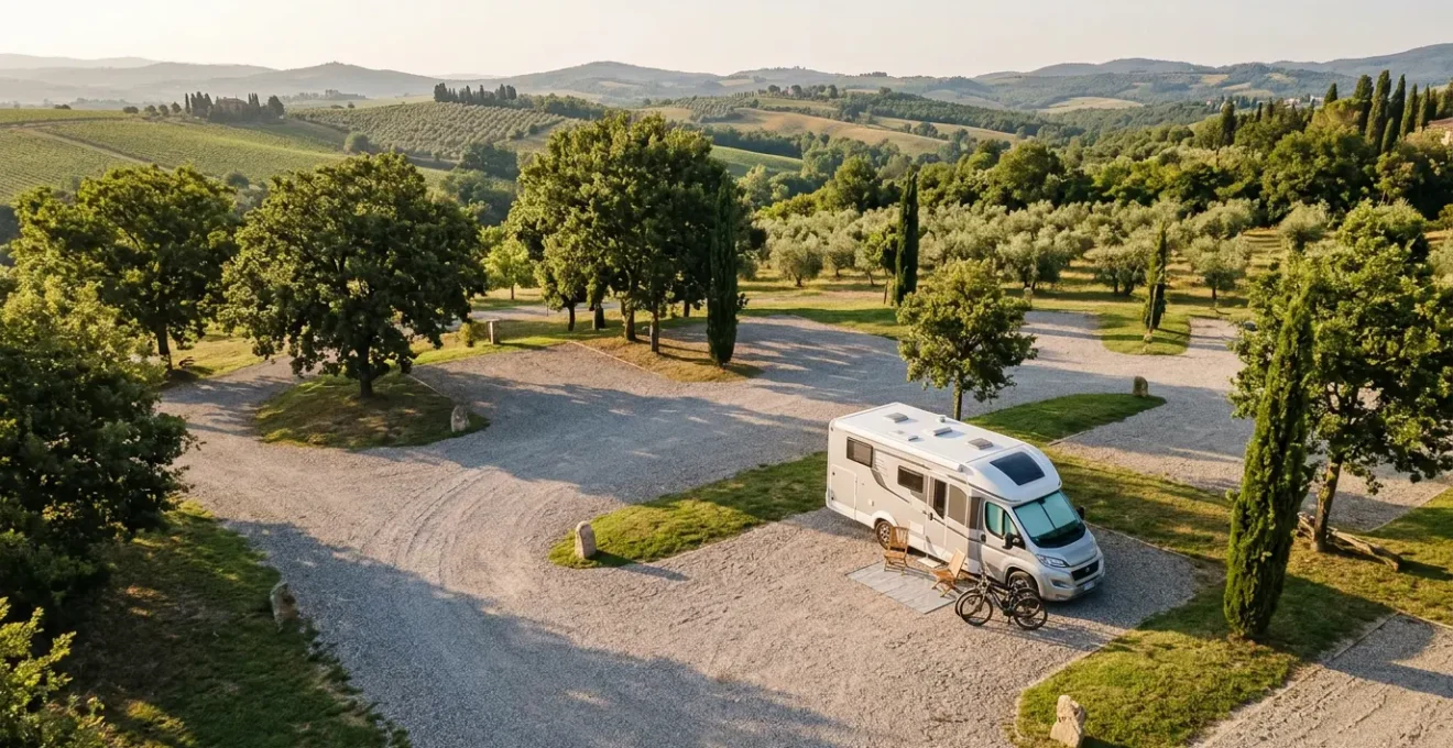 Vista aerea di un camper posizionato strategicamente in una piazzola con ampio spazio di manovra