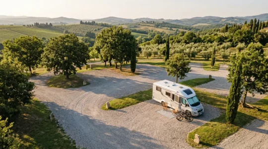 Vista aerea di un camper posizionato strategicamente in una piazzola con ampio spazio di manovra