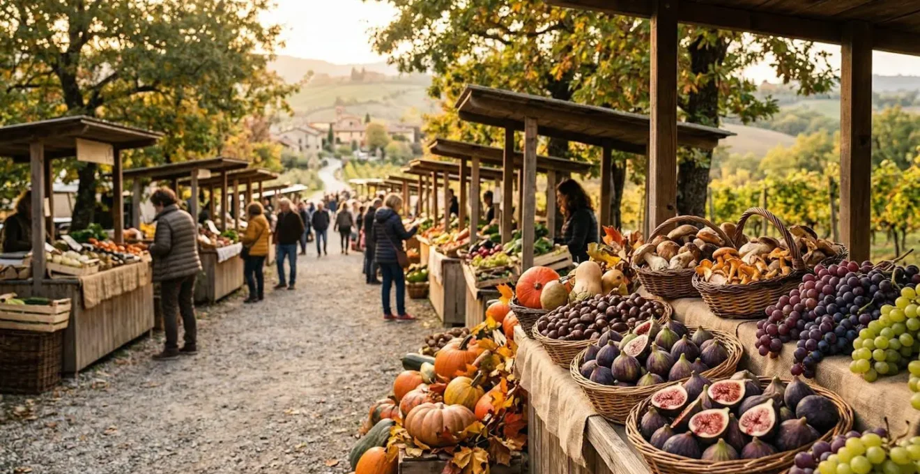 Vista panoramica di un mercato contadino autunnale con fichi freschi, grappoli d'uva e funghi porcini su bancarelle in legno