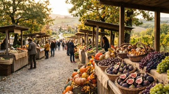 Vista panoramica di un mercato contadino autunnale con fichi freschi, grappoli d'uva e funghi porcini su bancarelle in legno