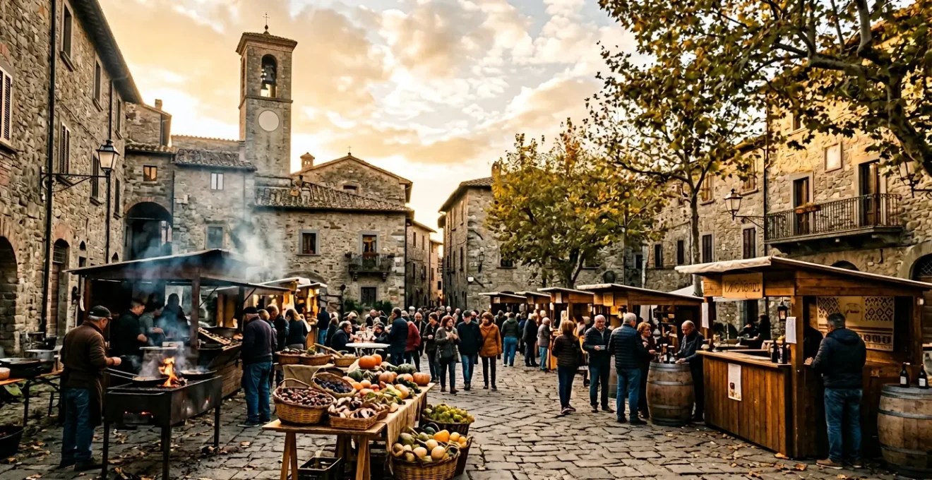 Vista panoramica di una sagra autunnale italiana con bancarelle di prodotti tipici in una piazza storica