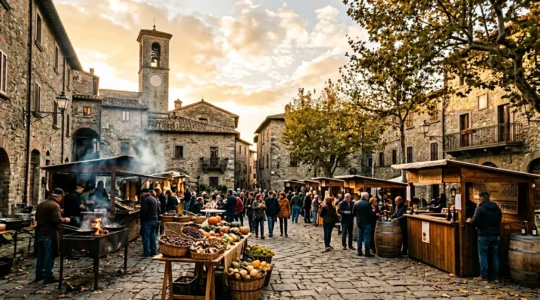 Vista panoramica di una sagra autunnale italiana con bancarelle di prodotti tipici in una piazza storica