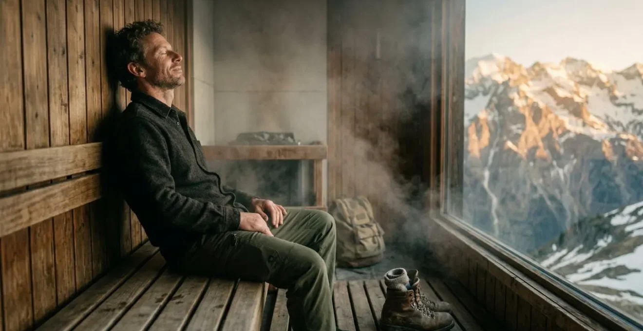 Escursionista rilassato in spa montana dopo trekking