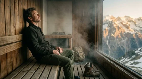 Escursionista rilassato in spa montana dopo trekking