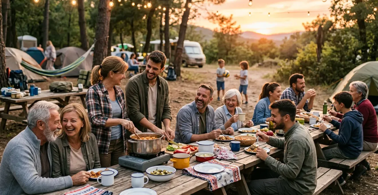 Gruppo eterogeneo di persone di diverse età che condividono un momento conviviale in un campeggio immerso nella natura