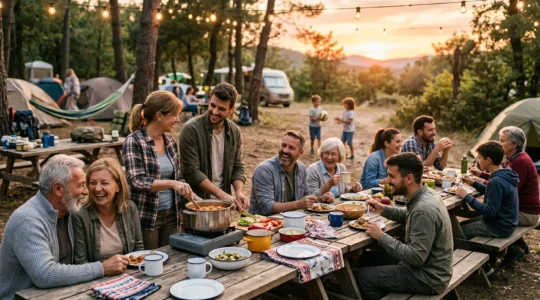 Gruppo eterogeneo di persone di diverse età che condividono un momento conviviale in un campeggio immerso nella natura