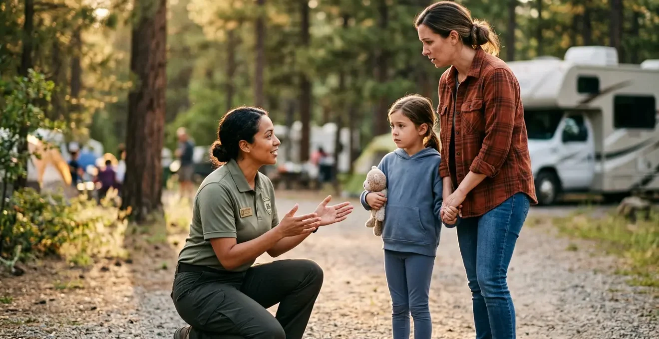 Personale multilingue che assiste una famiglia in situazione di emergenza in un campeggio