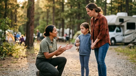 Personale multilingue che assiste una famiglia in situazione di emergenza in un campeggio