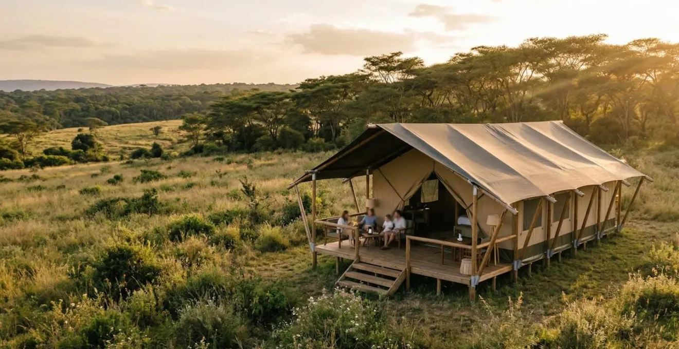 Famiglia felice in tenda safari lussuosa con veranda in legno immersa nella natura