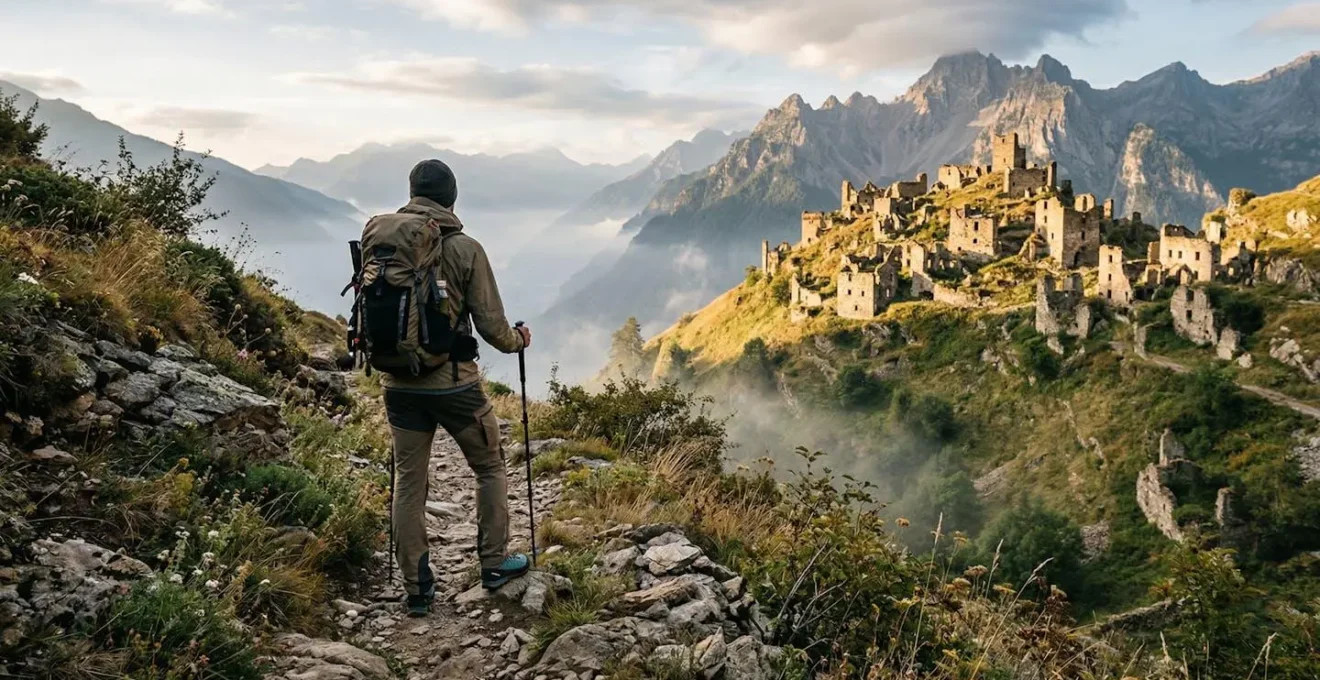 Escursionista con equipaggiamento professionale osserva rovine di un borgo medievale abbandonato tra le montagne italiane