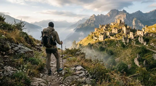 Escursionista con equipaggiamento professionale osserva rovine di un borgo medievale abbandonato tra le montagne italiane