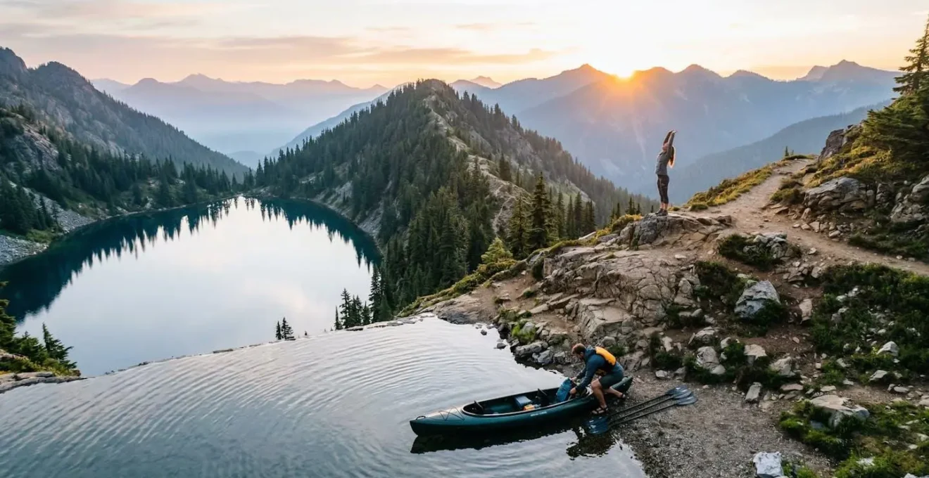 Coppia alternanza kayak e trekking montagna con lago per recupero ottimale