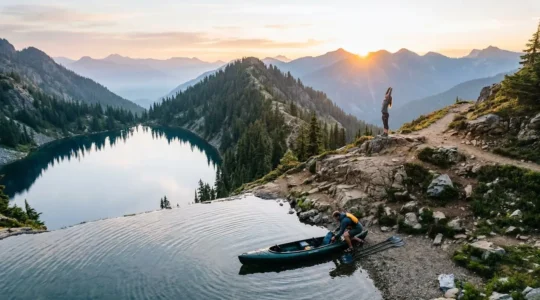 Coppia alternanza kayak e trekking montagna con lago per recupero ottimale