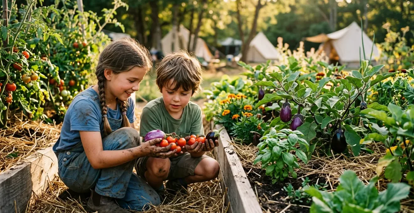 Bambini che raccolgono verdure fresche nell'orto sinergico del campeggio con mani piene di terra