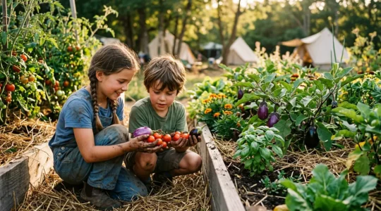 Bambini che raccolgono verdure fresche nell'orto sinergico del campeggio con mani piene di terra