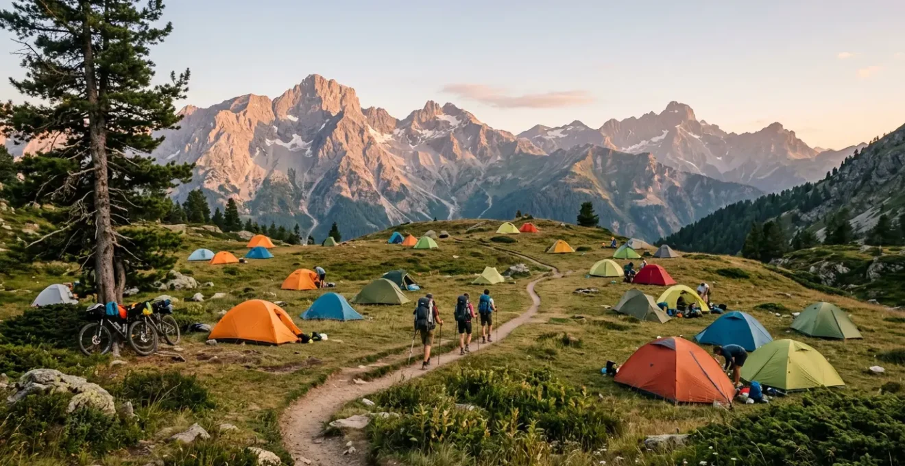 Vista panoramica di un campeggio in montagna con tende colorate e viaggiatori con zaini, senza automobili visibili