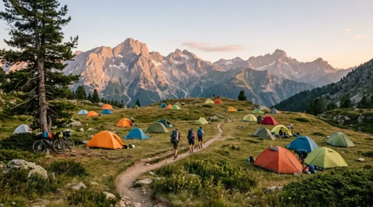 Vista panoramica di un campeggio in montagna con tende colorate e viaggiatori con zaini, senza automobili visibili