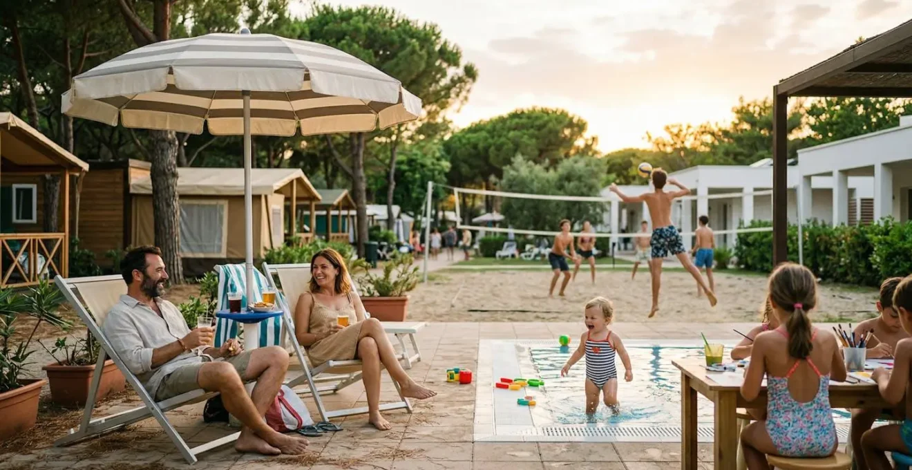 Famiglia multigenerazionale che gioca insieme in un villaggio vacanze con bambini di età diverse