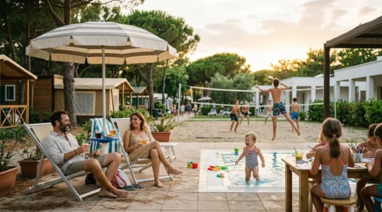 Famiglia multigenerazionale che gioca insieme in un villaggio vacanze con bambini di età diverse