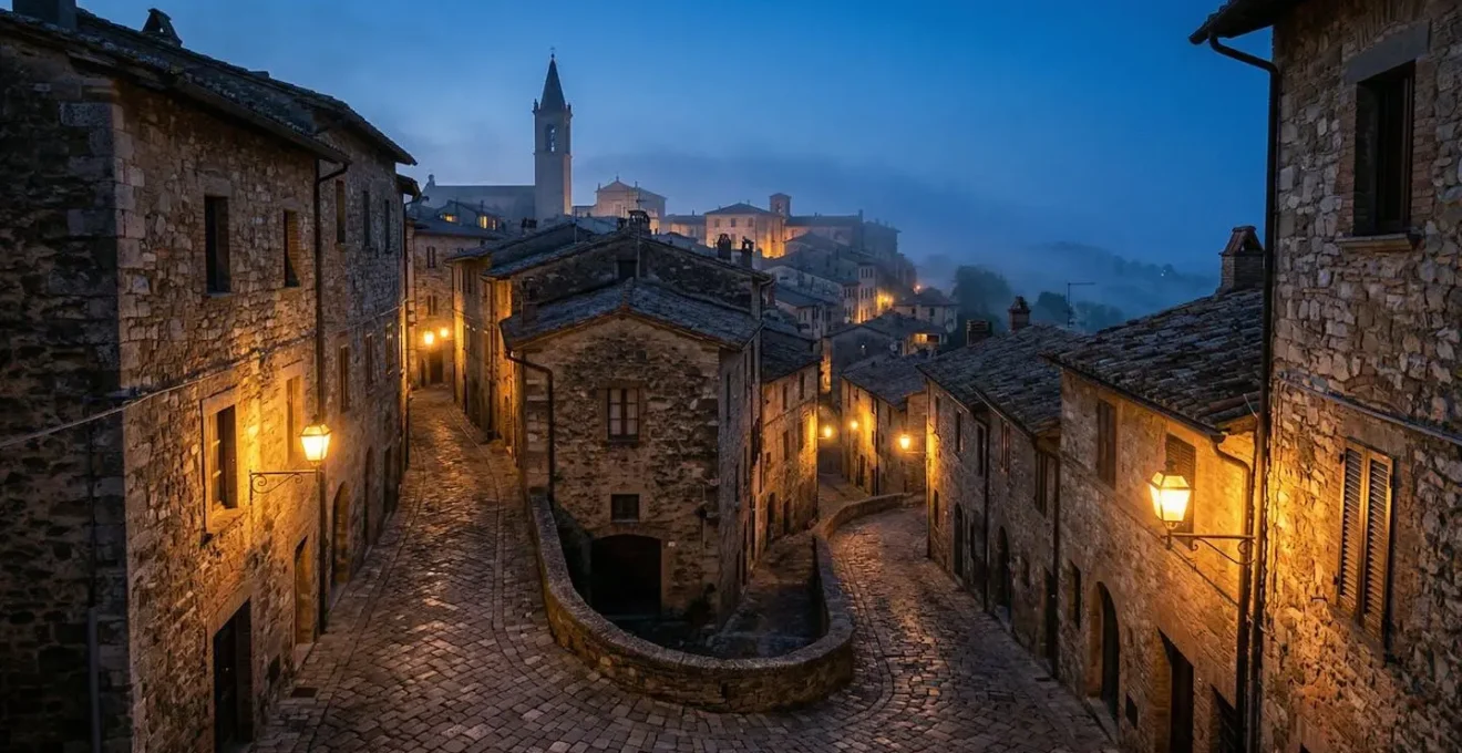 Vista notturna di un borgo medievale italiano con strette viuzze illuminate da lanterne e ombre suggestive sui muri di pietra