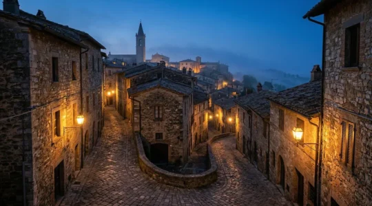 Vista notturna di un borgo medievale italiano con strette viuzze illuminate da lanterne e ombre suggestive sui muri di pietra