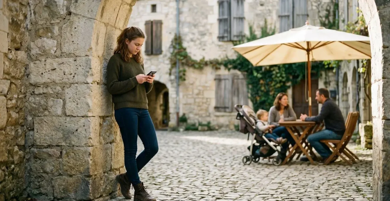 Adolescente usa un'app di gamification per esplorare un borgo medievale mentre la sua famiglia con un passeggino riposa a un tavolino.