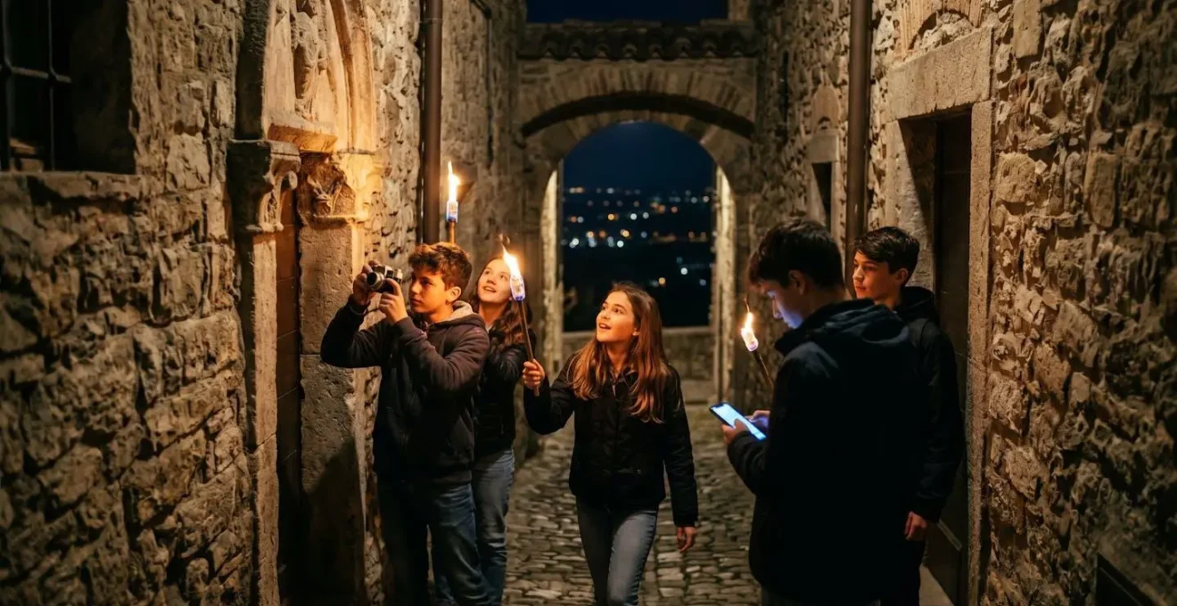 Gruppo di adolescenti con torce esplora vicoli medievali di notte con espressioni curiose e coinvolte